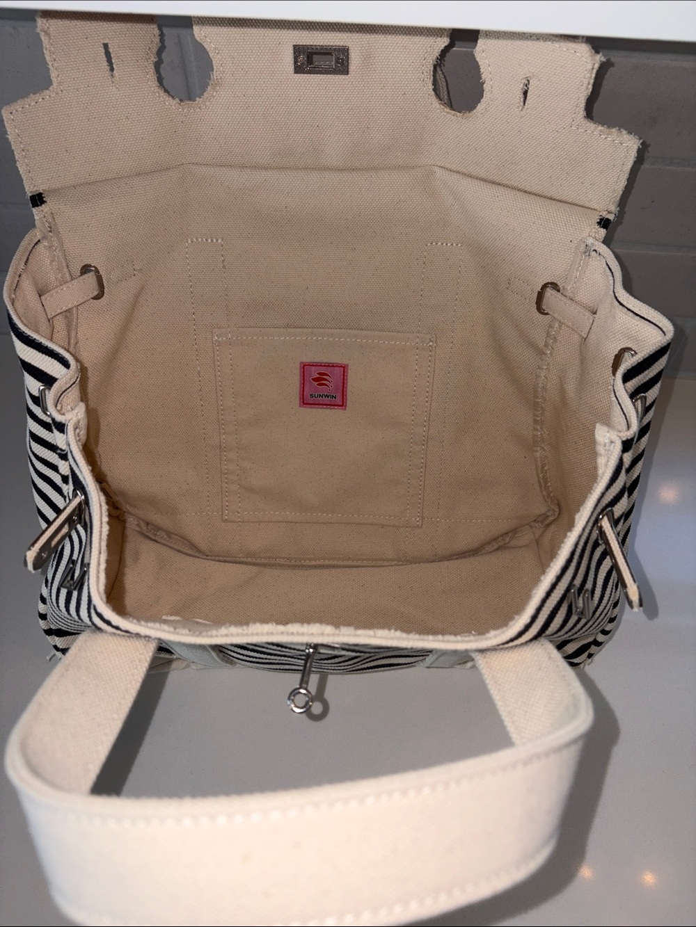 Sunwin Madaket Large Striped Canvas Tote Bag Black White Silver Hardware - Picture 4 of 8